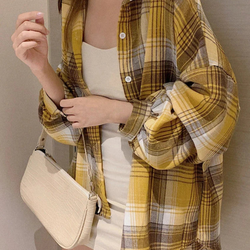 Fictitni Women's Plaid Long Sleeve Button-Front Shirt