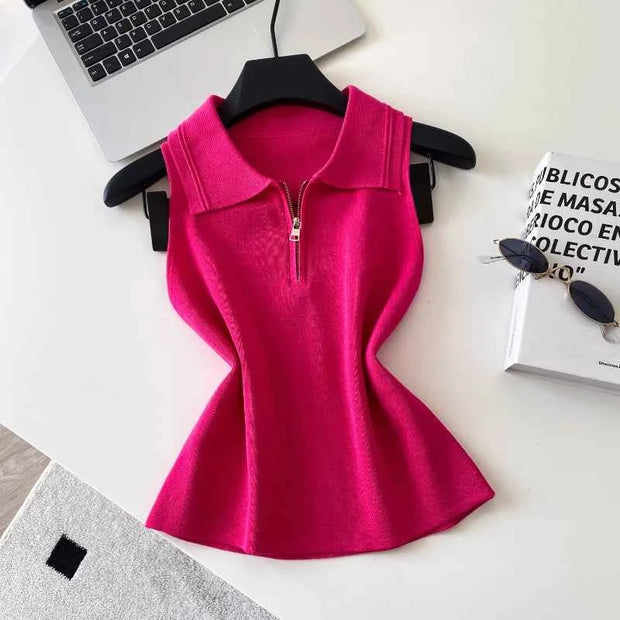 Colorful Zip-Up Collar Knit Tops by Sing Reiny