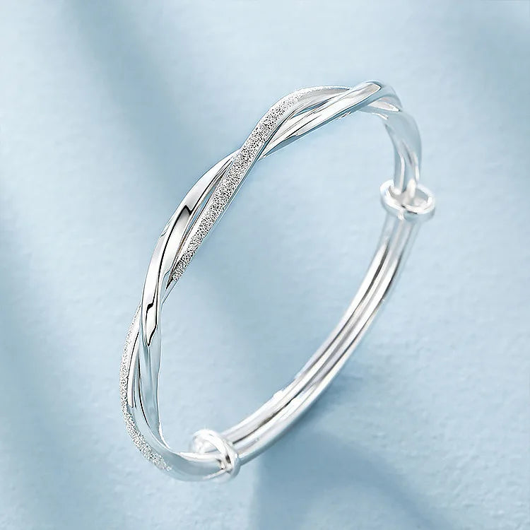 Silver-Tone Twisted Bangle Bracelet – Polished Textured Open Wrist Bracelet