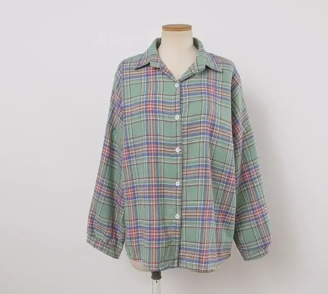 Women's Plaid Button-Up Shirt – Long Sleeve Loose Fit Casual Blouse