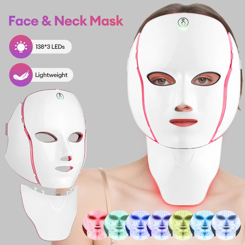 7-Color LED Face & Neck Mask with 138+3 LEDs – Wireless Rechargeable Light Therapy Beauty Device