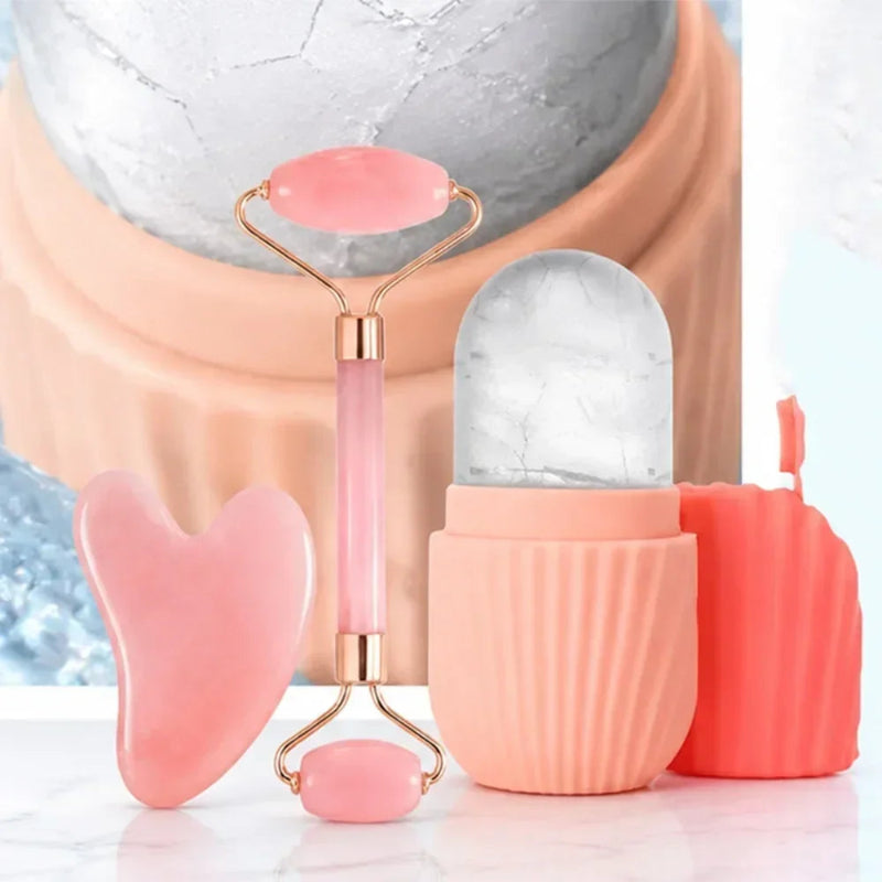 Stainless Steel Facial Roller Gua Sha Board Set with Ice Face Roller Mold Skin Care Massage Tools