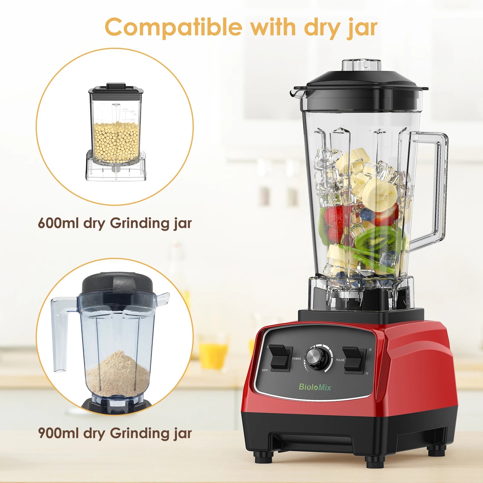BioloMix 2200W 3HP BPA-Free Commercial Blender with Variable Speed, Pulse Control, Tamper and US Plug – Red