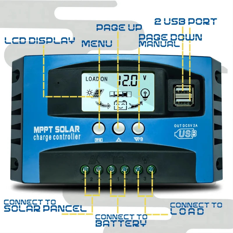 MPPT Solar Charge Controller 30A 40A 50A 60A 100A 12V/24V Battery Charger with LCD Display & USB Output