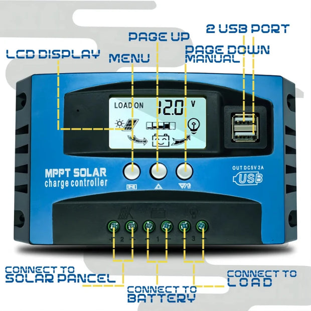 MPPT Solar Charge Controller 30A 40A 50A 60A 100A 12V/24V Battery Charger with LCD Display & USB Output