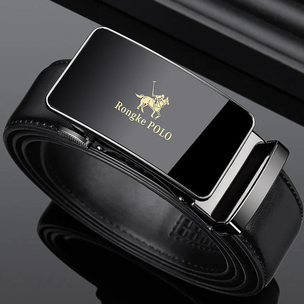 Rongke POLO Luxury Black Leather Belt with Polished Metal Buckle