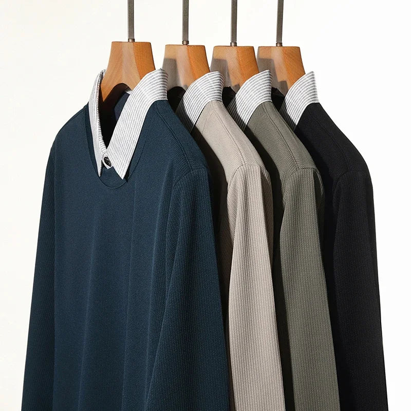 Men's Fake Two-Piece Polo Shirt – Long Sleeve Collar Knit Top Casual Fashion Sweater