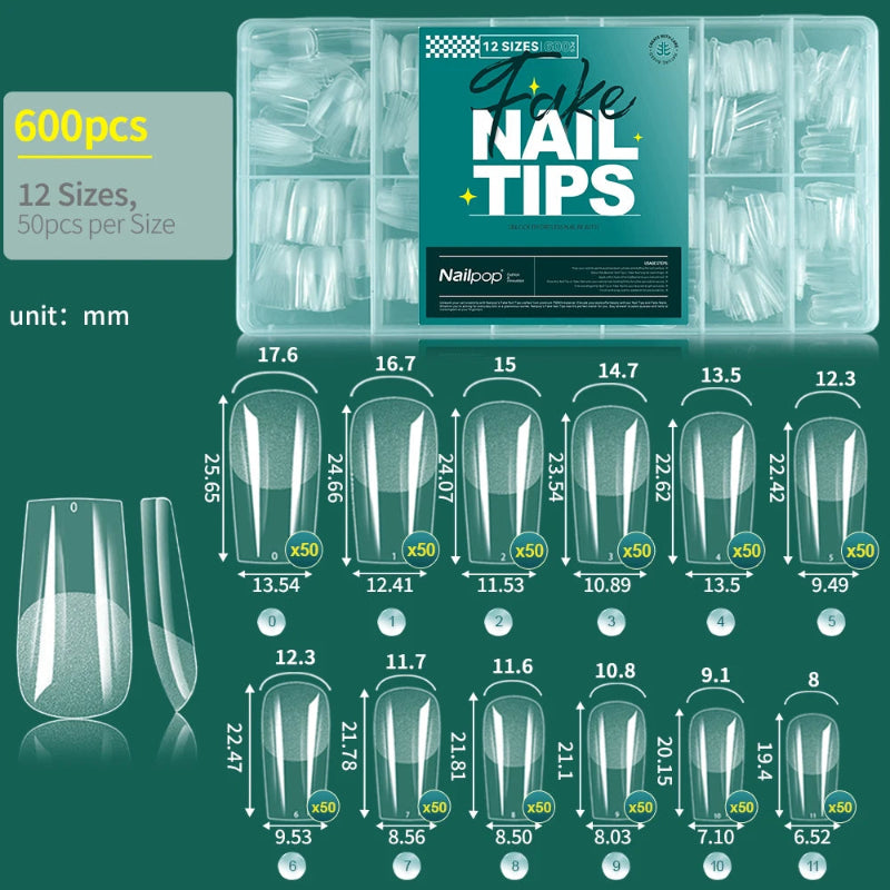 Nailpop Half Matte Gel Nail Tips – 600 Pieces Box, 12 Sizes