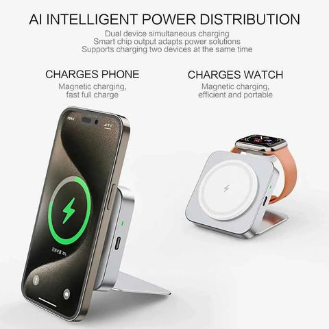 15W Magnetic Wireless Charger 2-in-1 – Foldable Fast Charging Phone Stand with Portable Aluminum Design