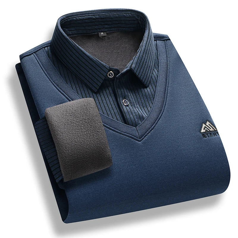 Men's Fleece Lined Polo Collar Pullover Sweater Two Piece Style Winter Casual Top