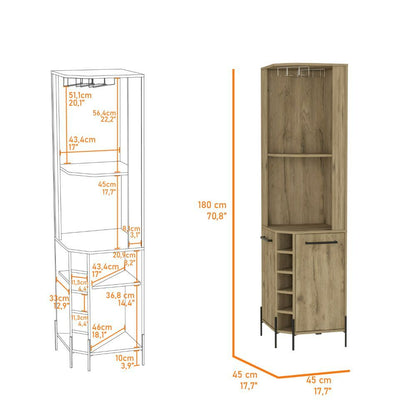 Corner Bar Cabinet, Two Shelves, Five Wine Cubbies, Aged Oak.