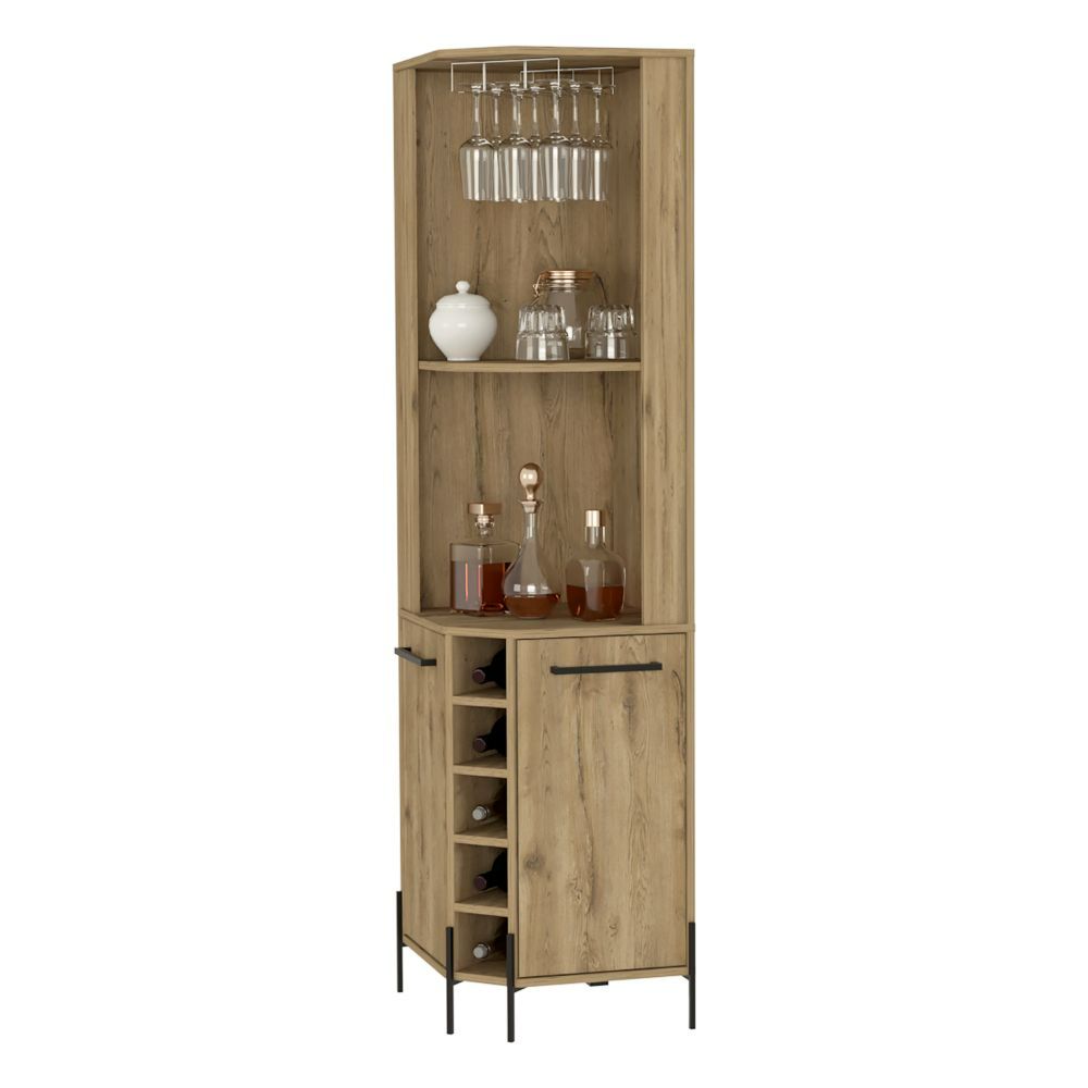 Corner Bar Cabinet, Two Shelves, Five Wine Cubbies, Aged Oak.