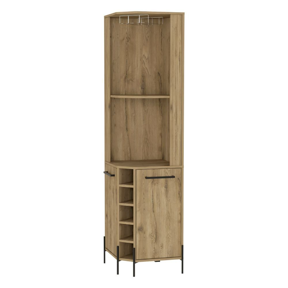 Corner Bar Cabinet, Two Shelves, Five Wine Cubbies, Aged Oak.