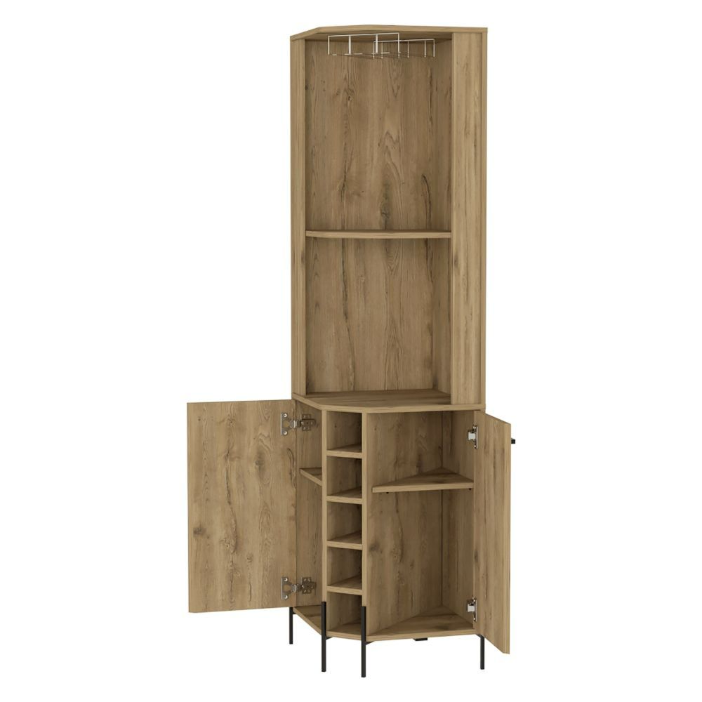 Corner Bar Cabinet, Two Shelves, Five Wine Cubbies, Aged Oak.