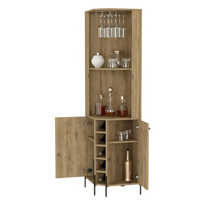 Corner Bar Cabinet, Two Shelves, Five Wine Cubbies, Aged Oak.