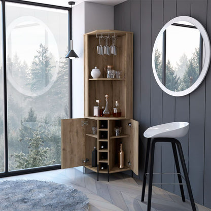 Corner Bar Cabinet, Two Shelves, Five Wine Cubbies, Aged Oak.