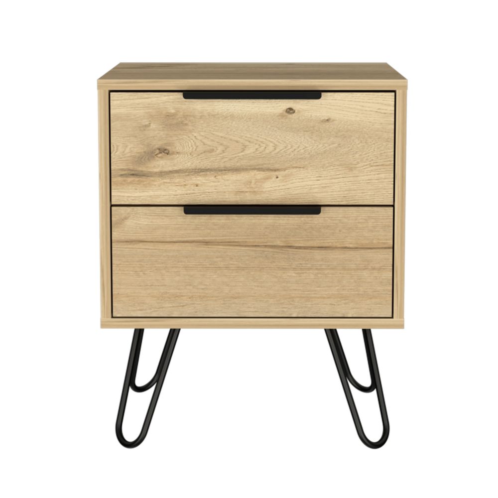 Nightstand 2, Harpin Legs, Two Drawers, Light Oak Finish.