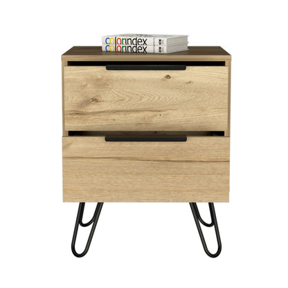 Nightstand 2, Harpin Legs, Two Drawers, Light Oak Finish.