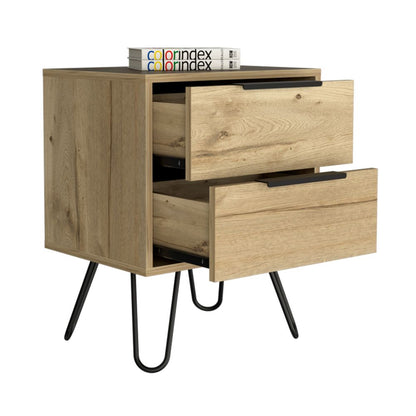 Nightstand 2, Harpin Legs, Two Drawers, Light Oak Finish.