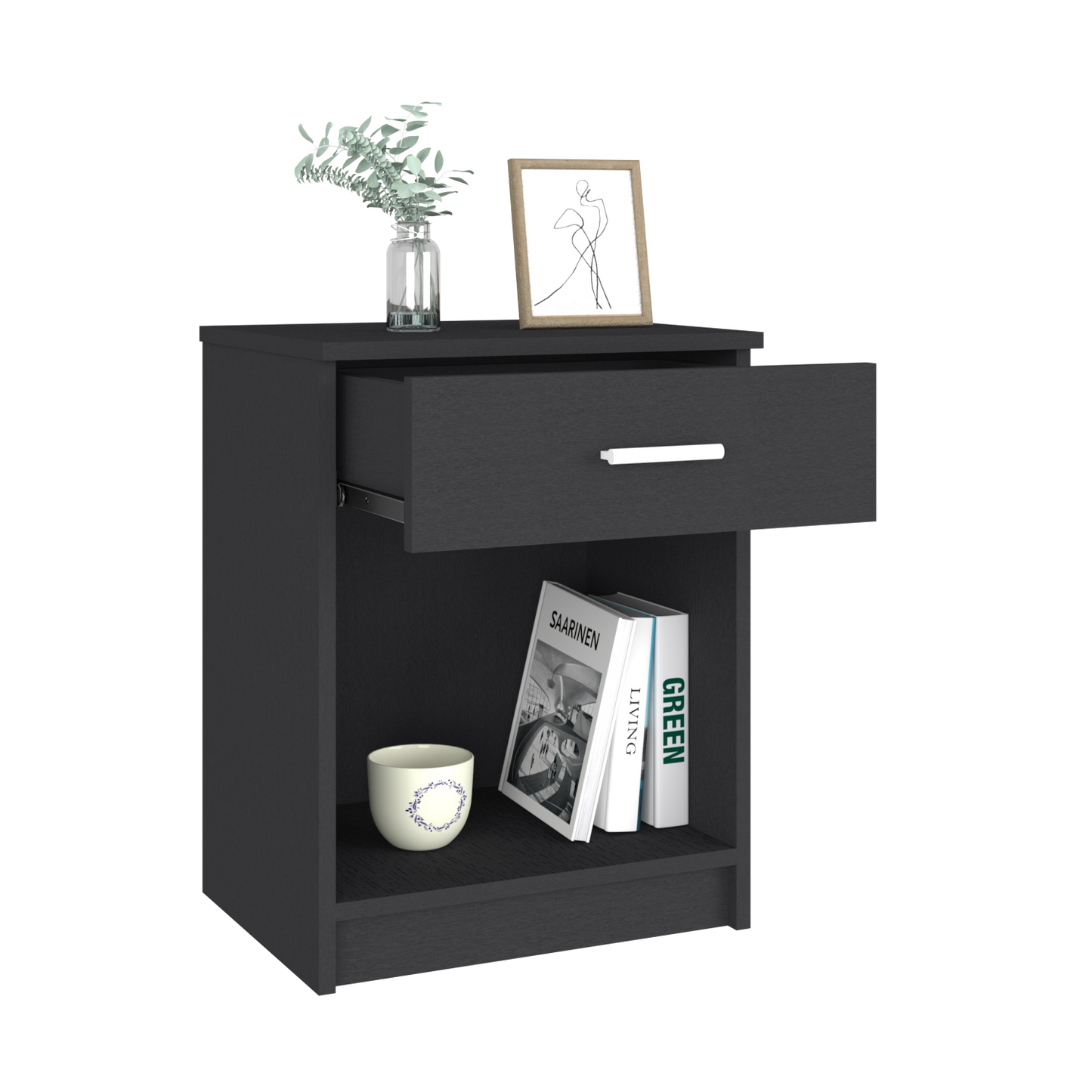 Nightstand, Single Drawer, Lower Shelf, Black Wengue Finish