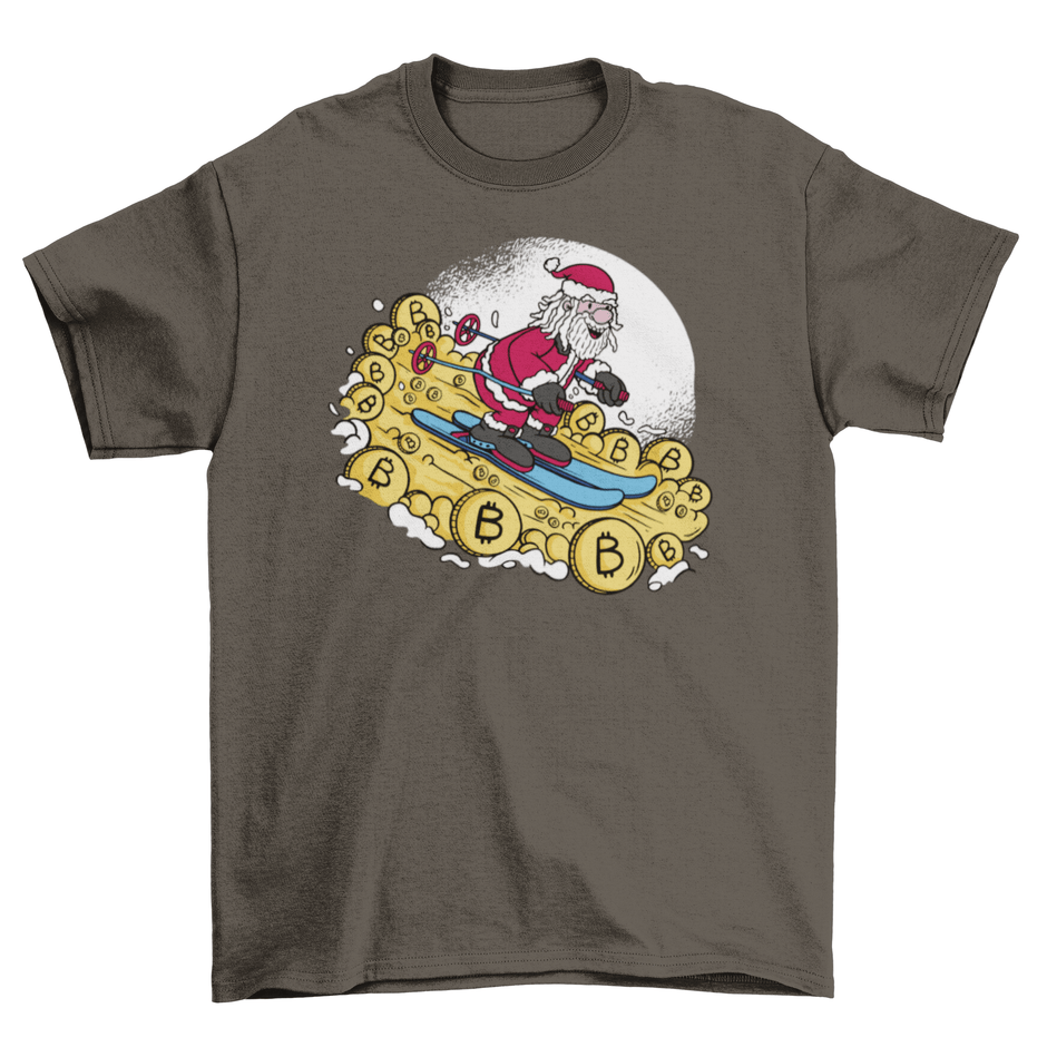 Santa skiing in bitcoins t-shirt