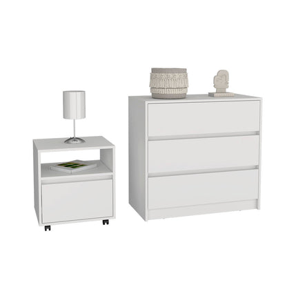 2 Piece Bedroom Set, Nightstand + Dresser, White Finish.