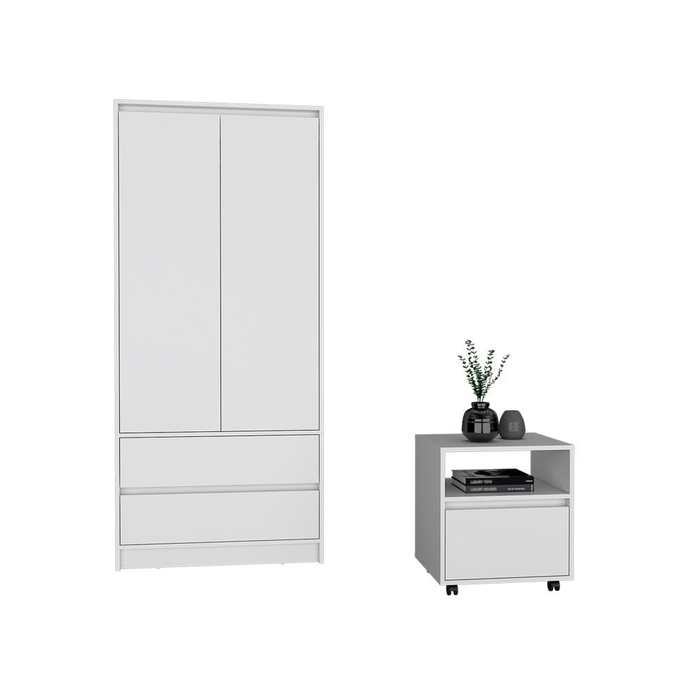 2 Piece Bedroom Set, Nightstand + Armoire, White Finish.