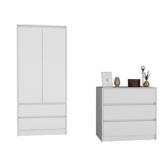 2 Piece Bedroom Set, Dresser + Armoire, White Finish.