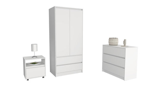 3 Piece Bedroom Set, Nightstand + Dresser+ Armoire, White.