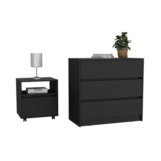 2 Piece Bedroom Set, Nightstand + Dresser, Black Wengue Finish.