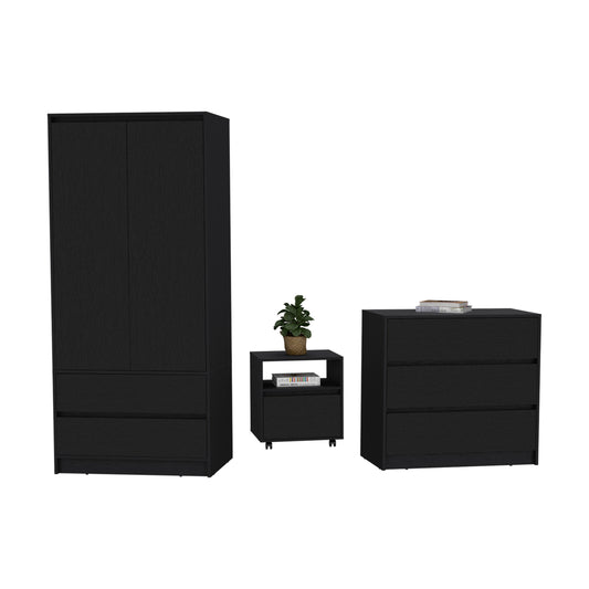 3 Piece Bedroom Set, Nightstand + Dresser+ Armoire, Black.