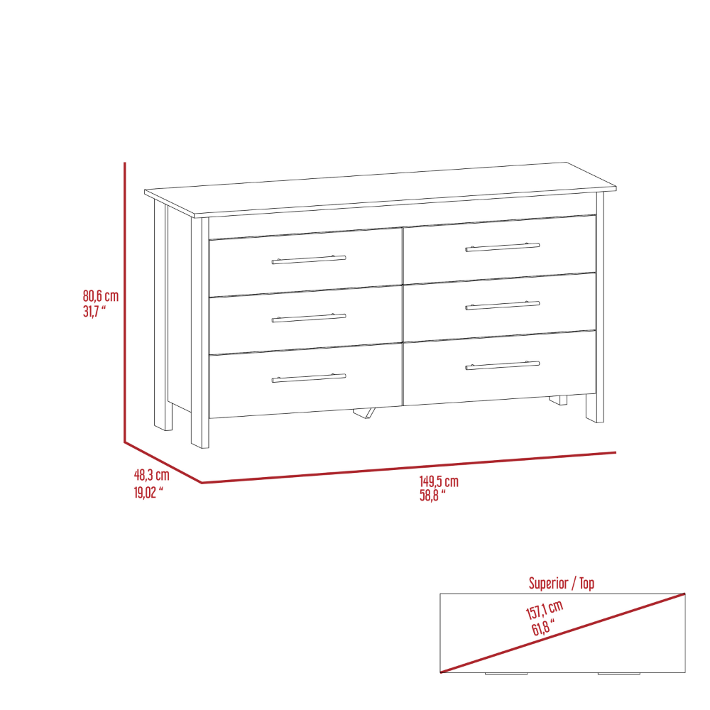 6 Drawer Double Dresser, Four Legs, Light Gray