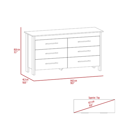 6 Drawer Double Dresser, Four Legs, Light Gray