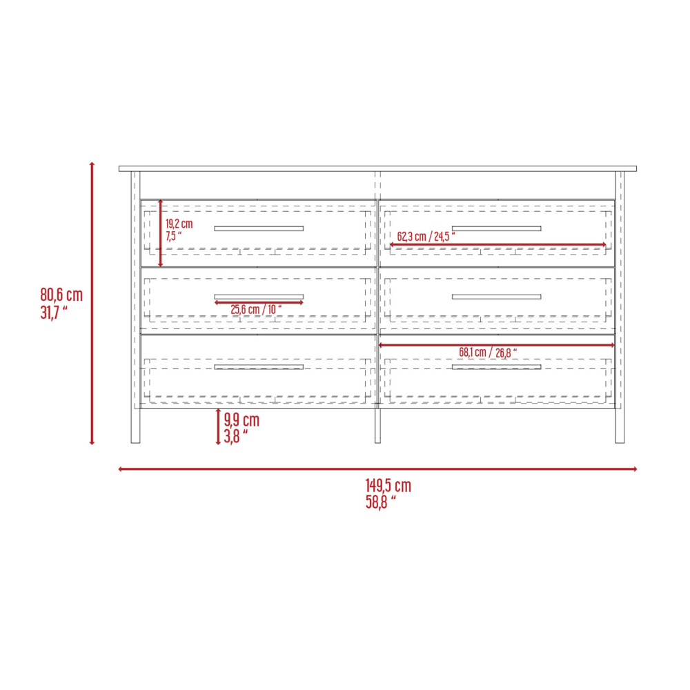 6 Drawer Double Dresser, Four Legs, Light Gray