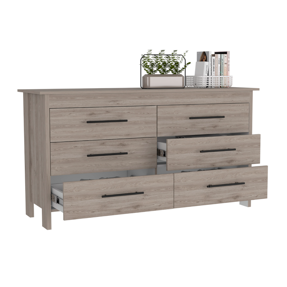 6 Drawer Double Dresser, Four Legs, Light Gray