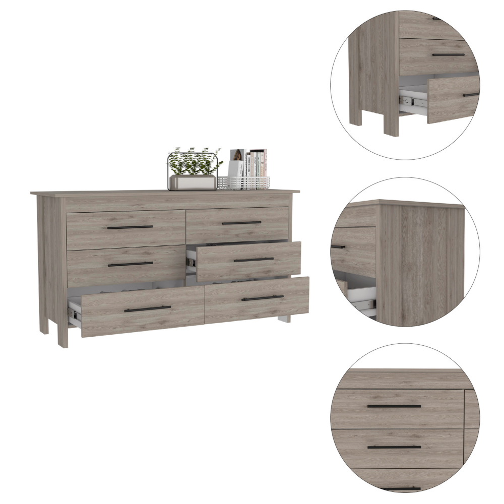 6 Drawer Double Dresser, Four Legs, Light Gray