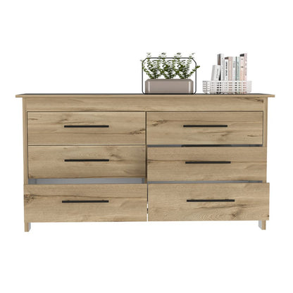 6 Drawer Double Dresser Wezz, Four Legs, Light Oak.