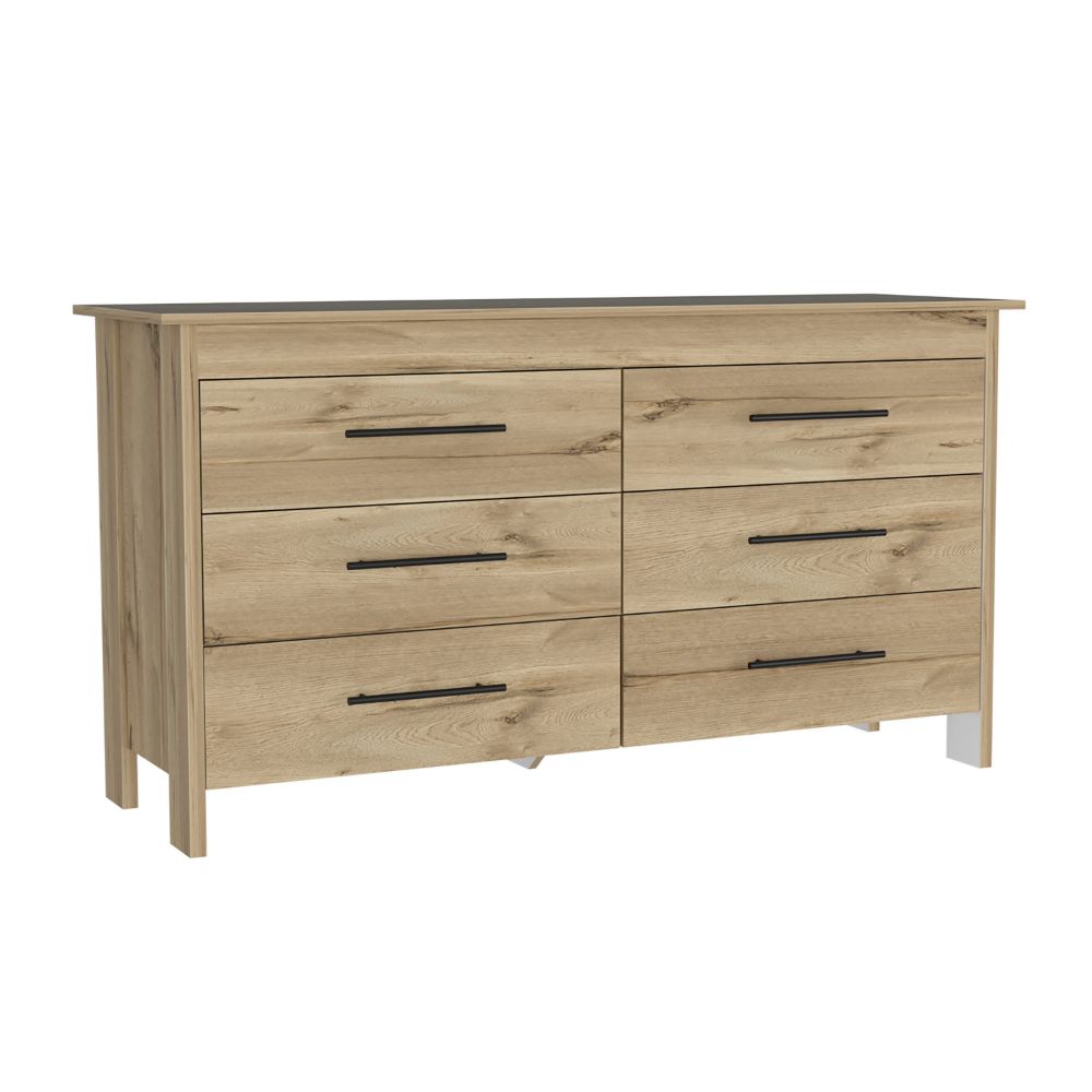 6 Drawer Double Dresser Wezz, Four Legs, Light Oak.