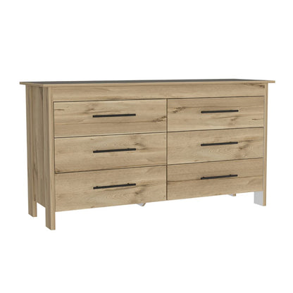 6 Drawer Double Dresser Wezz, Four Legs, Light Oak.