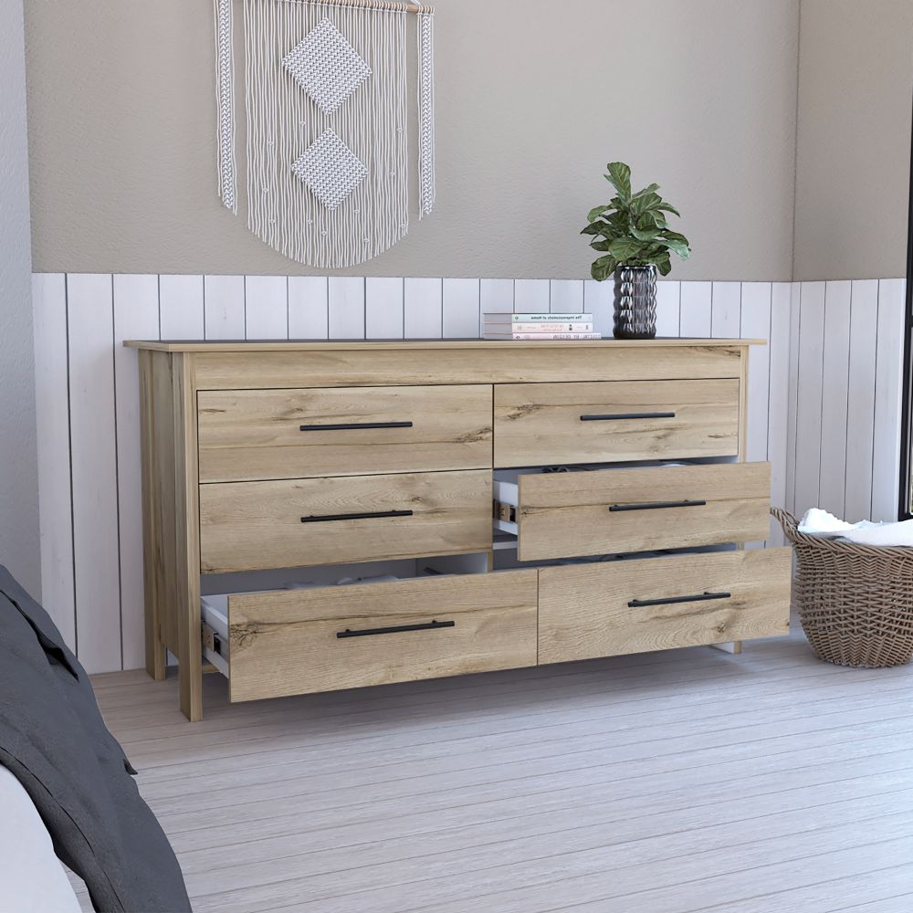 6 Drawer Double Dresser Wezz, Four Legs, Light Oak.