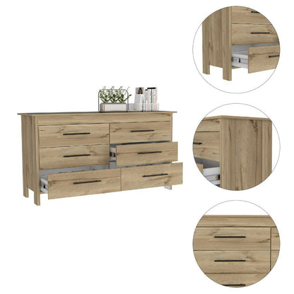 6 Drawer Double Dresser Wezz, Four Legs, Light Oak.