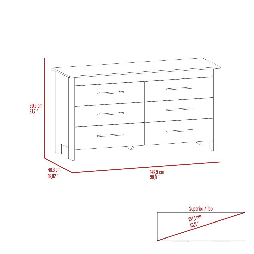 6 Drawer Double Dresser Wezz, Four Legs, Light Oak.