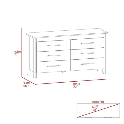 6 Drawer Double Dresser Wezz, Four Legs, Light Oak.