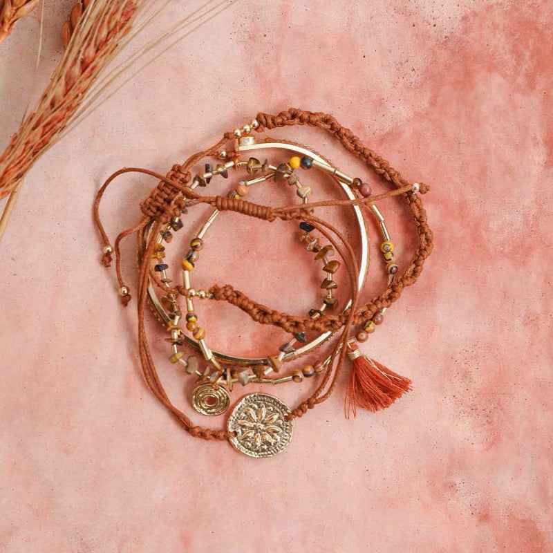 Boho Charm Tassel Beaded Bracelet Set Gold Tone Adjustable Jewelry