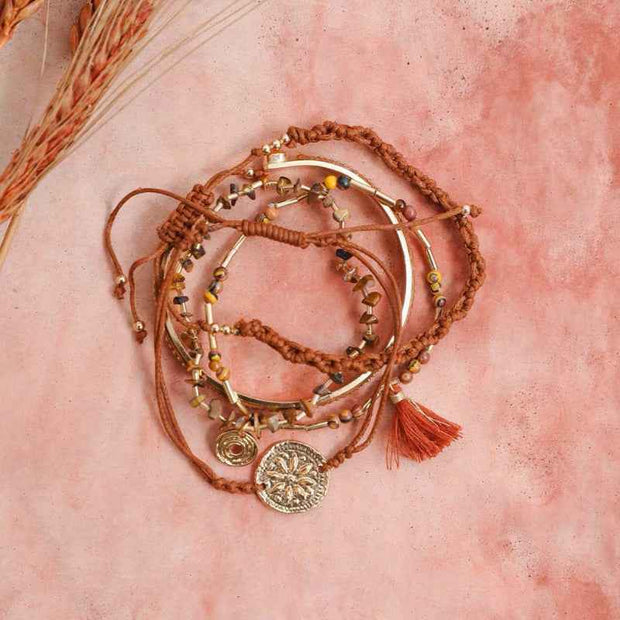 Boho Charm Tassel Beaded Bracelet Set Gold Tone Adjustable Jewelry