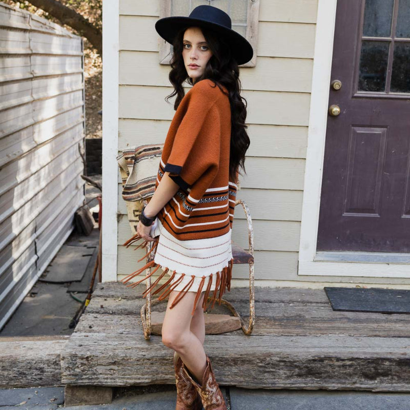 Women’s Striped Knit Poncho with Fringe Hem – Brown & Black Pattern