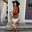 Women’s Striped Knit Poncho with Fringe Hem – Brown & Black Pattern