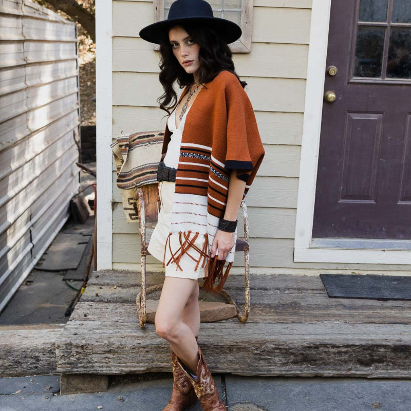 Women’s Striped Knit Poncho with Fringe Hem – Brown & Black Pattern