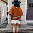 Women’s Striped Knit Poncho with Fringe Hem – Brown & Black Pattern