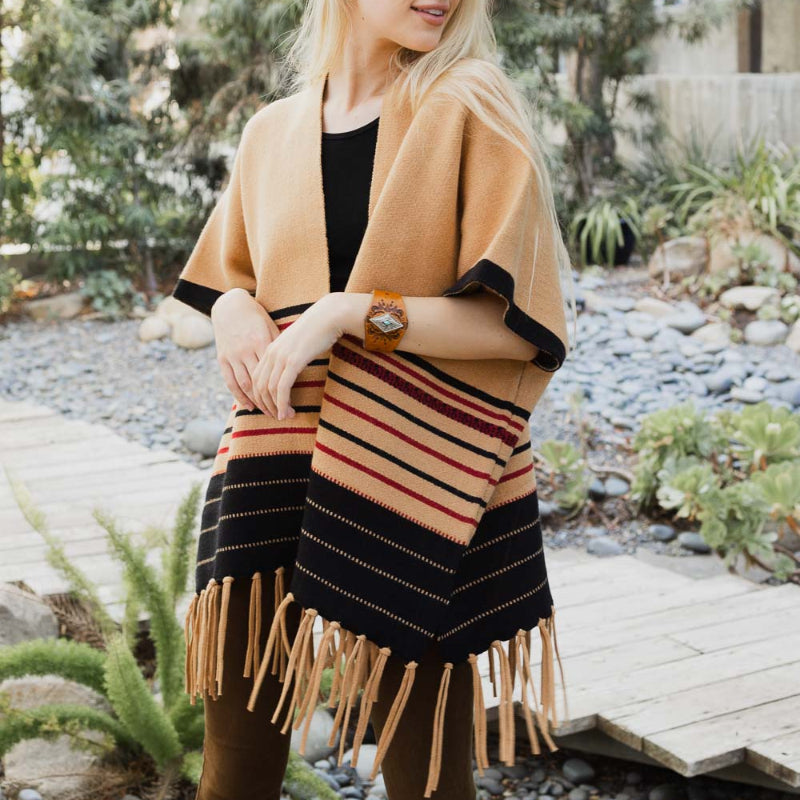 Women’s Striped Knit Poncho with Fringe Hem – Brown & Black Pattern